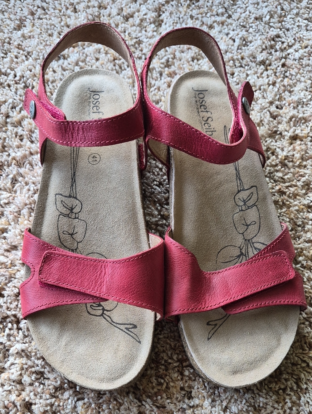 Josef Seibel Women's Red Leather Velcro Strap Sandals